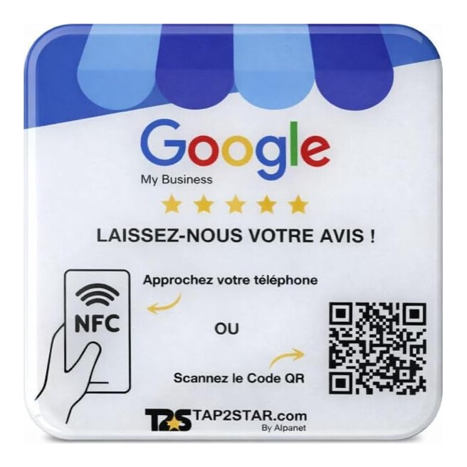 Plaque Avis Google NFC + QR Code 10x10cm — Tap2Star
